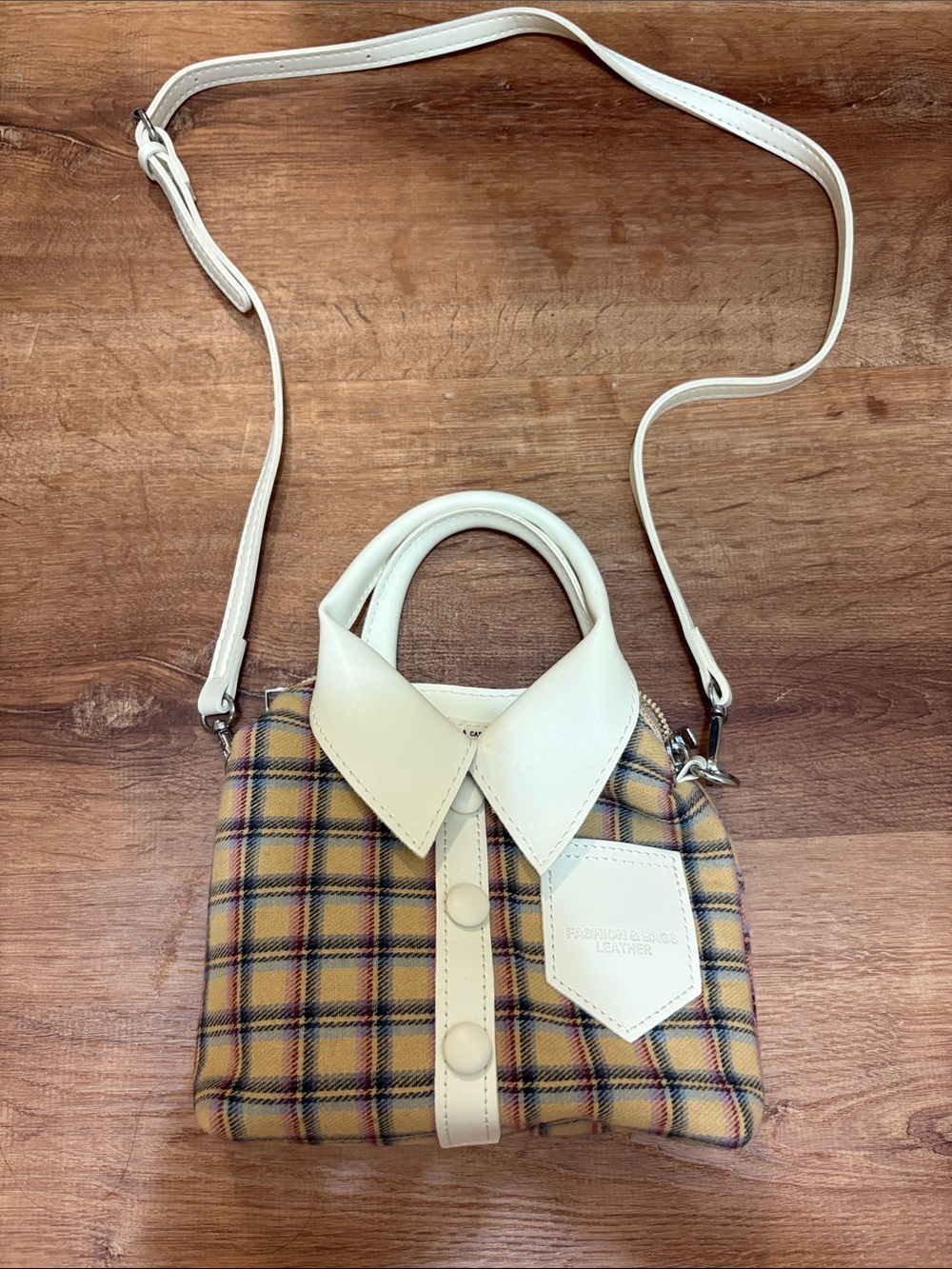 Fashion & Bags Leather Plaid Crossbody Satchel with White Collar Detail